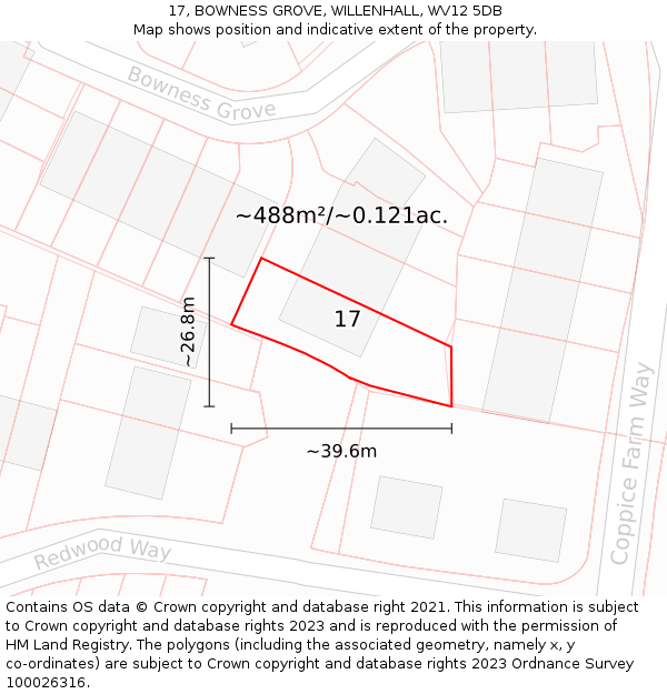 17, BOWNESS GROVE, WILLENHALL, WV12 5DB: Plot and title map