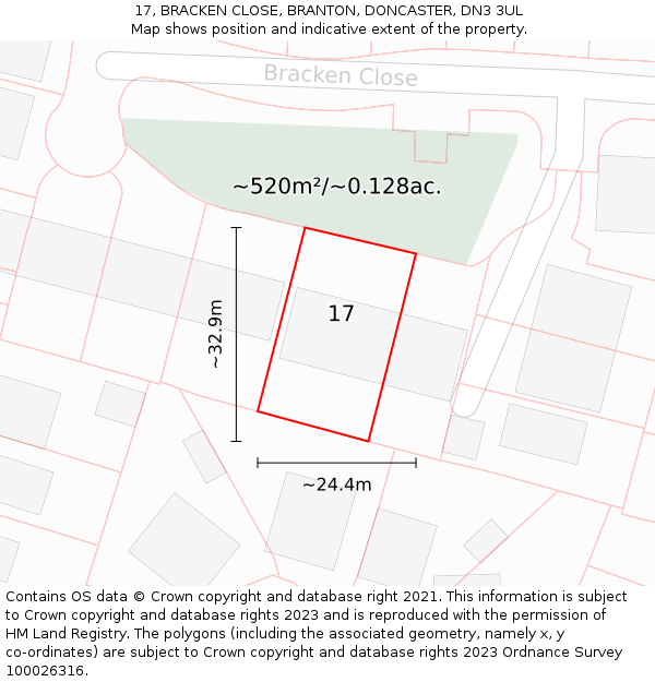 17, BRACKEN CLOSE, BRANTON, DONCASTER, DN3 3UL: Plot and title map