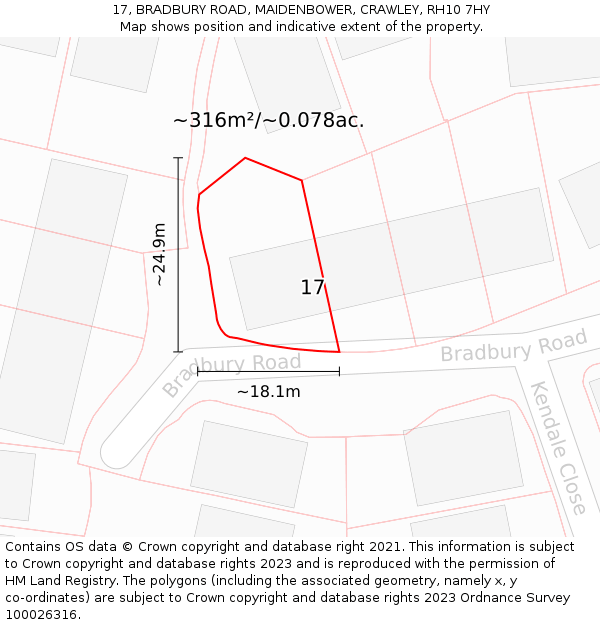 17, BRADBURY ROAD, MAIDENBOWER, CRAWLEY, RH10 7HY: Plot and title map