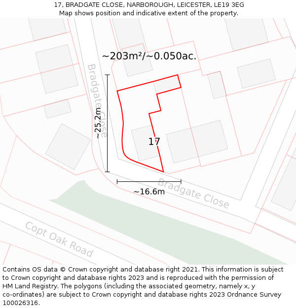 17, BRADGATE CLOSE, NARBOROUGH, LEICESTER, LE19 3EG: Plot and title map