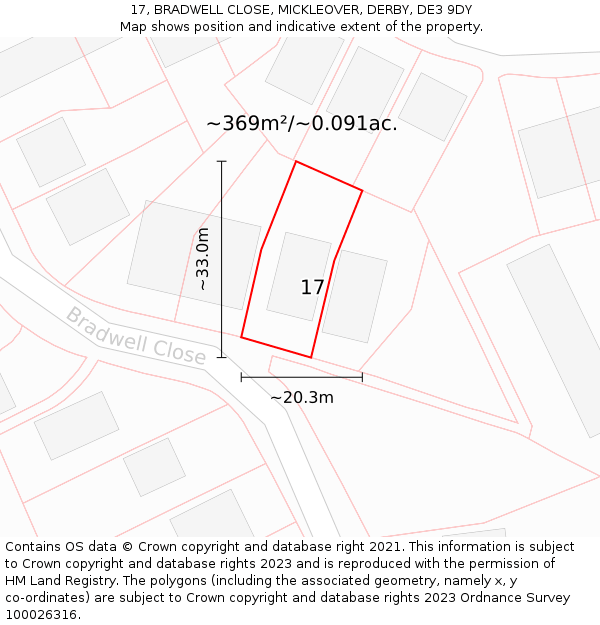 17, BRADWELL CLOSE, MICKLEOVER, DERBY, DE3 9DY: Plot and title map