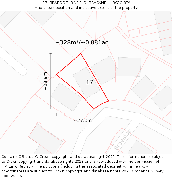 17, BRAESIDE, BINFIELD, BRACKNELL, RG12 8TY: Plot and title map
