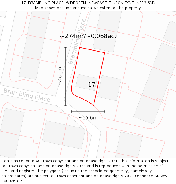 17, BRAMBLING PLACE, WIDEOPEN, NEWCASTLE UPON TYNE, NE13 6NN: Plot and title map