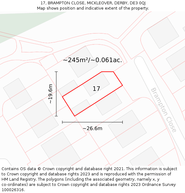 17, BRAMPTON CLOSE, MICKLEOVER, DERBY, DE3 0QJ: Plot and title map