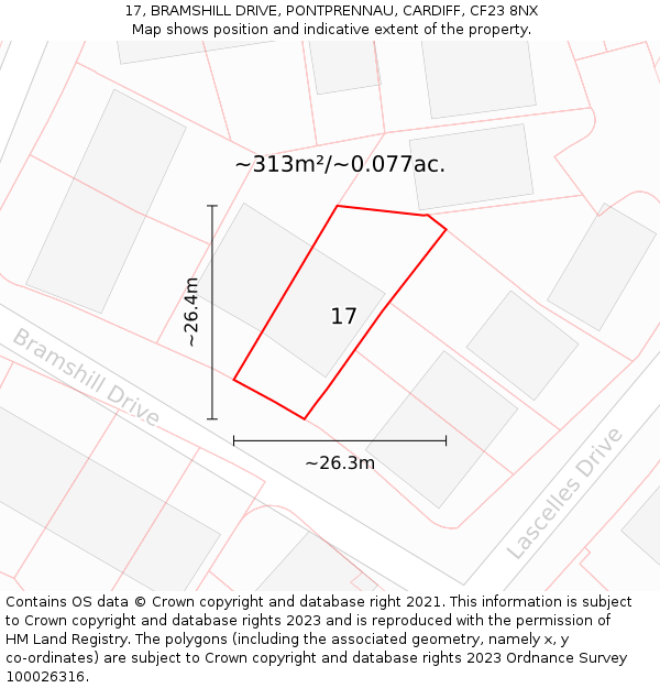 17, BRAMSHILL DRIVE, PONTPRENNAU, CARDIFF, CF23 8NX: Plot and title map