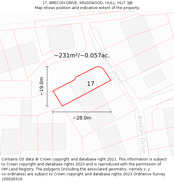 17, BRECON DRIVE, KINGSWOOD, HULL, HU7 3JB: Plot and title map
