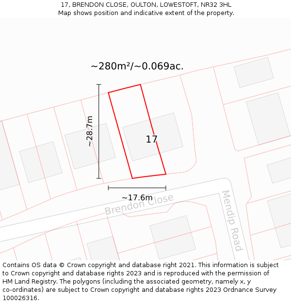 17, BRENDON CLOSE, OULTON, LOWESTOFT, NR32 3HL: Plot and title map