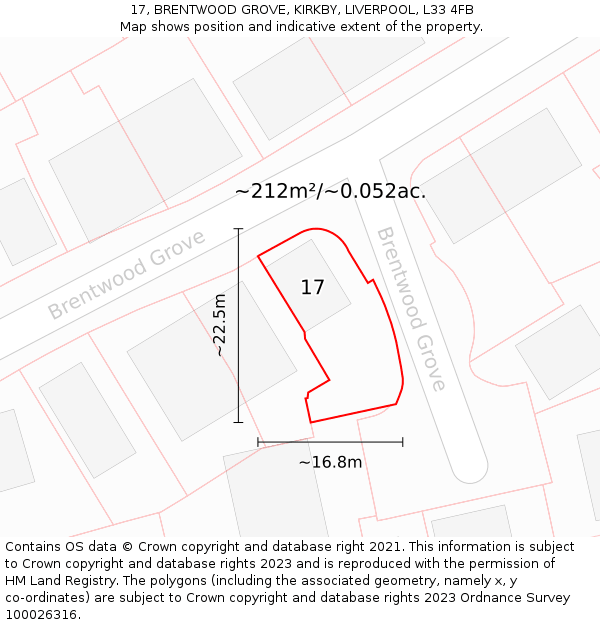 17, BRENTWOOD GROVE, KIRKBY, LIVERPOOL, L33 4FB: Plot and title map