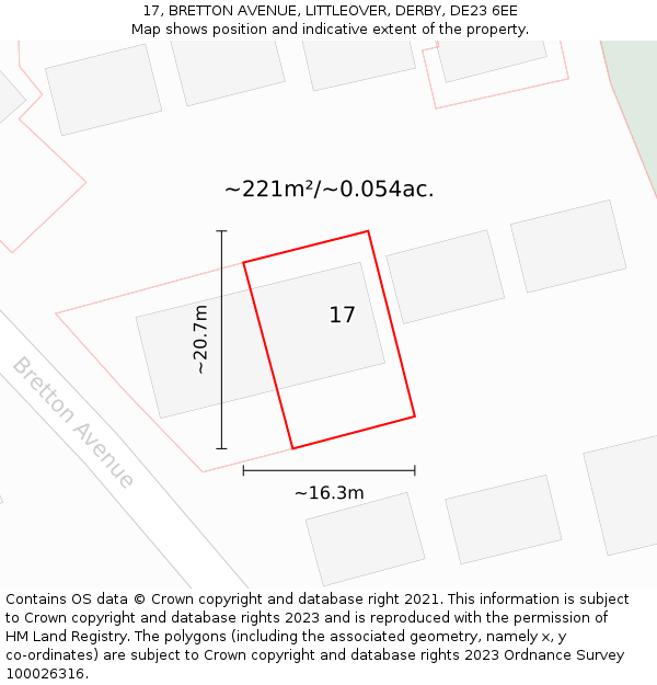 17, BRETTON AVENUE, LITTLEOVER, DERBY, DE23 6EE: Plot and title map