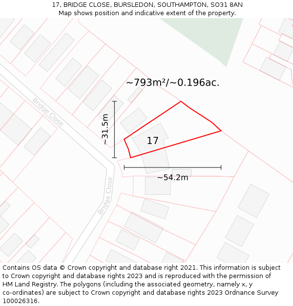 17, BRIDGE CLOSE, BURSLEDON, SOUTHAMPTON, SO31 8AN: Plot and title map