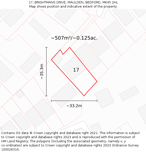 17, BRIGHTMANS DRIVE, MAULDEN, BEDFORD, MK45 2HL: Plot and title map