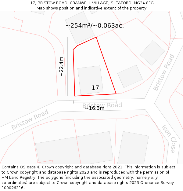 17, BRISTOW ROAD, CRANWELL VILLAGE, SLEAFORD, NG34 8FG: Plot and title map