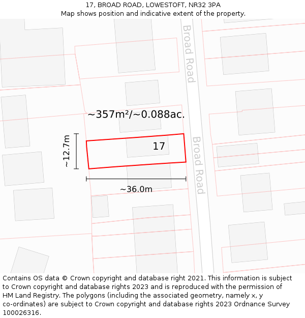17, BROAD ROAD, LOWESTOFT, NR32 3PA: Plot and title map
