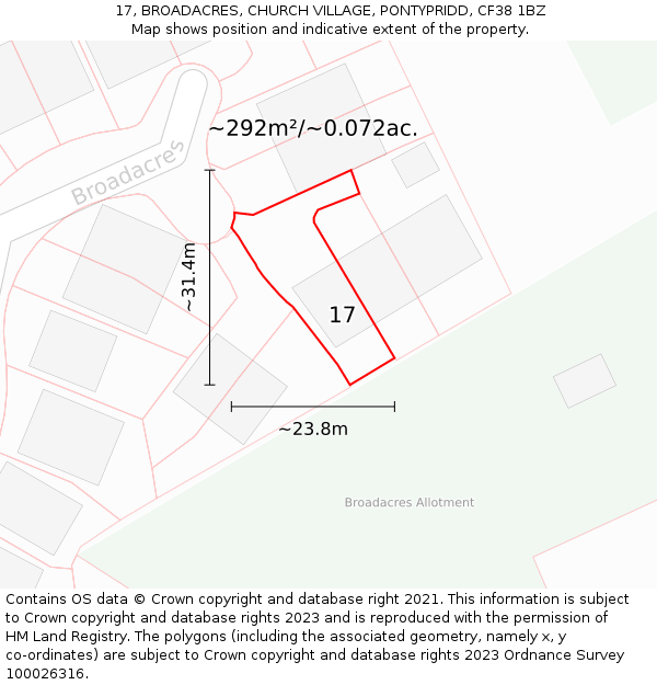 17, BROADACRES, CHURCH VILLAGE, PONTYPRIDD, CF38 1BZ: Plot and title map