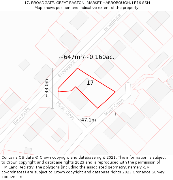 17, BROADGATE, GREAT EASTON, MARKET HARBOROUGH, LE16 8SH: Plot and title map