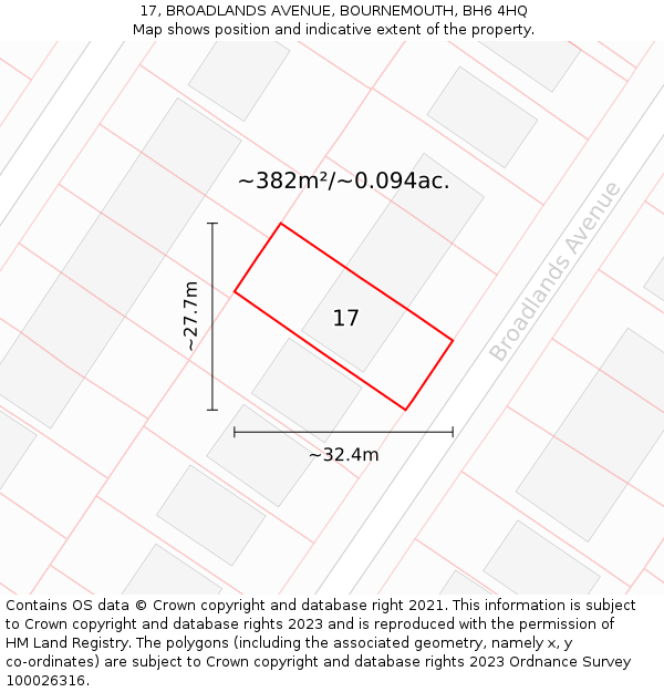 17, BROADLANDS AVENUE, BOURNEMOUTH, BH6 4HQ: Plot and title map