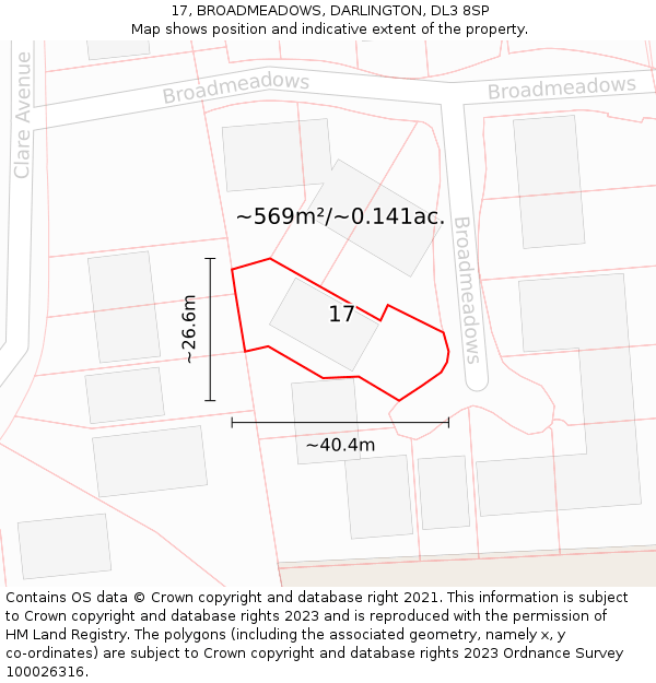 17, BROADMEADOWS, DARLINGTON, DL3 8SP: Plot and title map