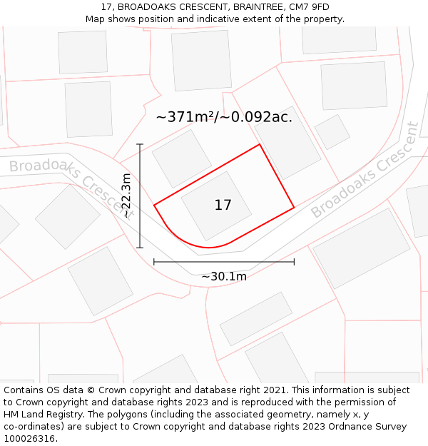 17, BROADOAKS CRESCENT, BRAINTREE, CM7 9FD: Plot and title map