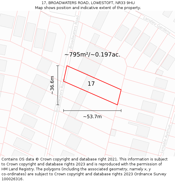 17, BROADWATERS ROAD, LOWESTOFT, NR33 9HU: Plot and title map