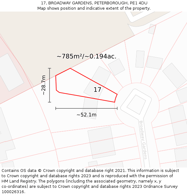 17, BROADWAY GARDENS, PETERBOROUGH, PE1 4DU: Plot and title map