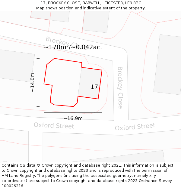 17, BROCKEY CLOSE, BARWELL, LEICESTER, LE9 8BG: Plot and title map