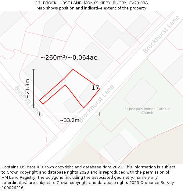 17, BROCKHURST LANE, MONKS KIRBY, RUGBY, CV23 0RA: Plot and title map