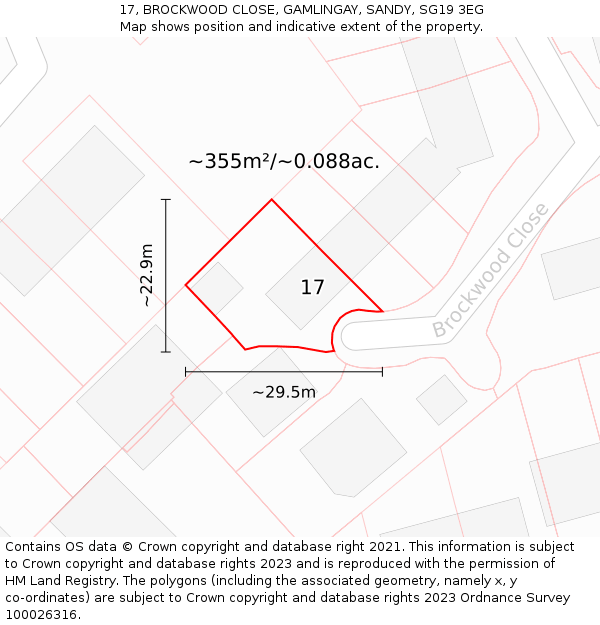 17, BROCKWOOD CLOSE, GAMLINGAY, SANDY, SG19 3EG: Plot and title map