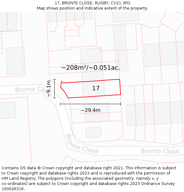 17, BRONTE CLOSE, RUGBY, CV21 3PD: Plot and title map