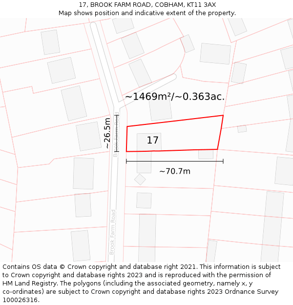 17, BROOK FARM ROAD, COBHAM, KT11 3AX: Plot and title map