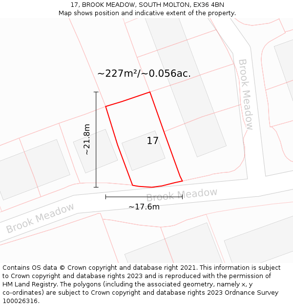 17, BROOK MEADOW, SOUTH MOLTON, EX36 4BN: Plot and title map