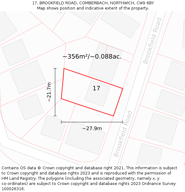 17, BROOKFIELD ROAD, COMBERBACH, NORTHWICH, CW9 6BY: Plot and title map