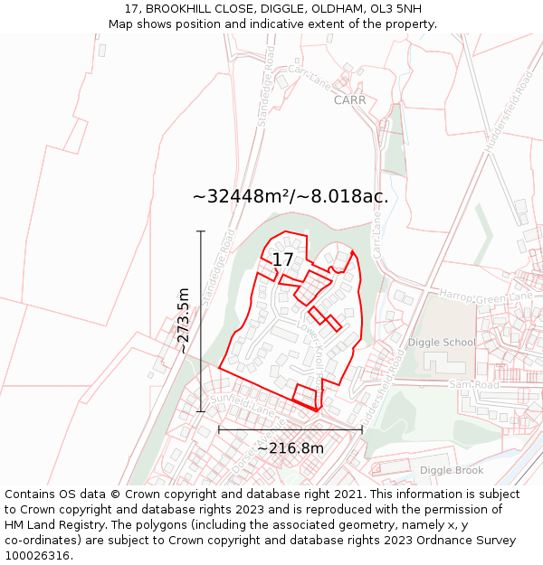 17, BROOKHILL CLOSE, DIGGLE, OLDHAM, OL3 5NH: Plot and title map