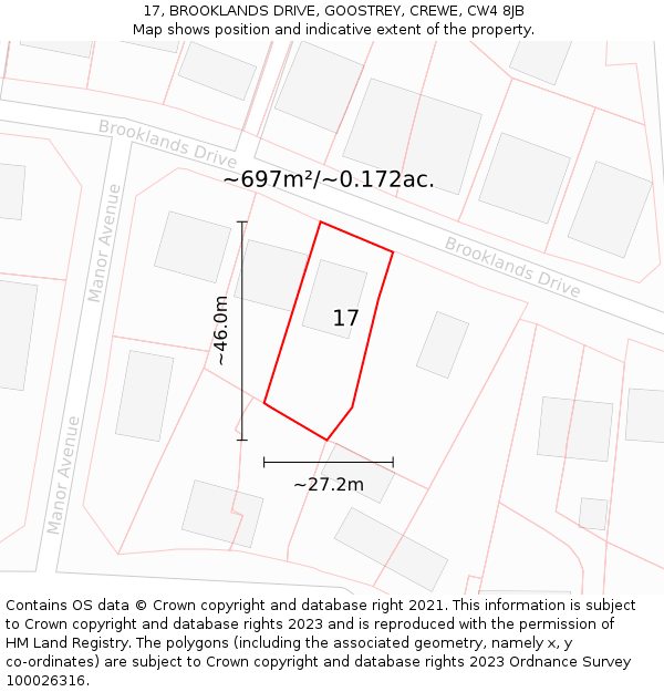 17, BROOKLANDS DRIVE, GOOSTREY, CREWE, CW4 8JB: Plot and title map