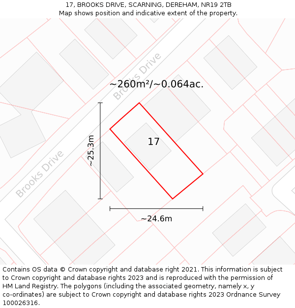 17, BROOKS DRIVE, SCARNING, DEREHAM, NR19 2TB: Plot and title map