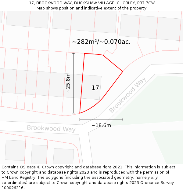 17, BROOKWOOD WAY, BUCKSHAW VILLAGE, CHORLEY, PR7 7GW: Plot and title map
