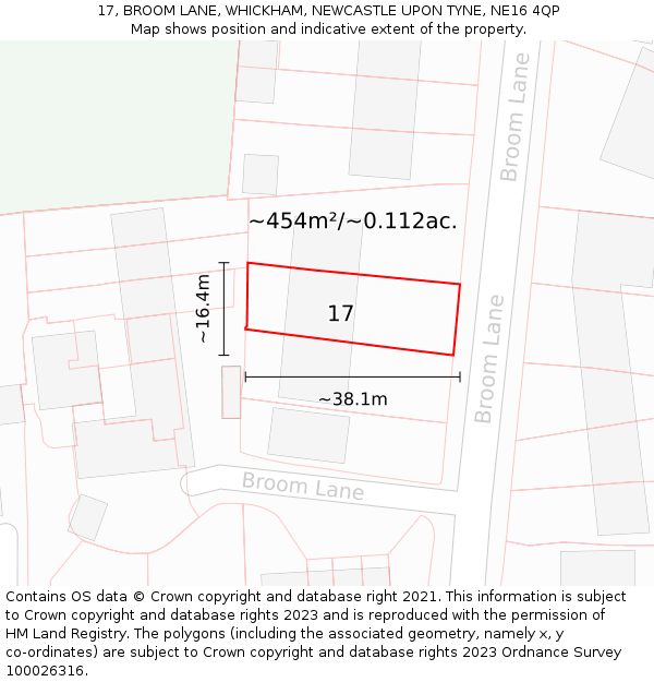 17, BROOM LANE, WHICKHAM, NEWCASTLE UPON TYNE, NE16 4QP: Plot and title map