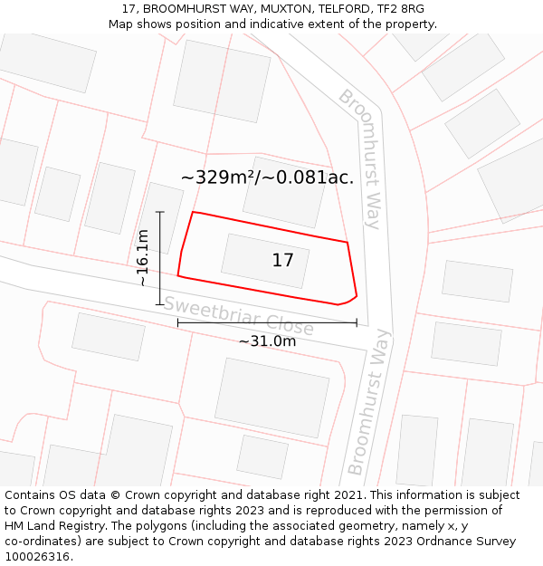 17, BROOMHURST WAY, MUXTON, TELFORD, TF2 8RG: Plot and title map