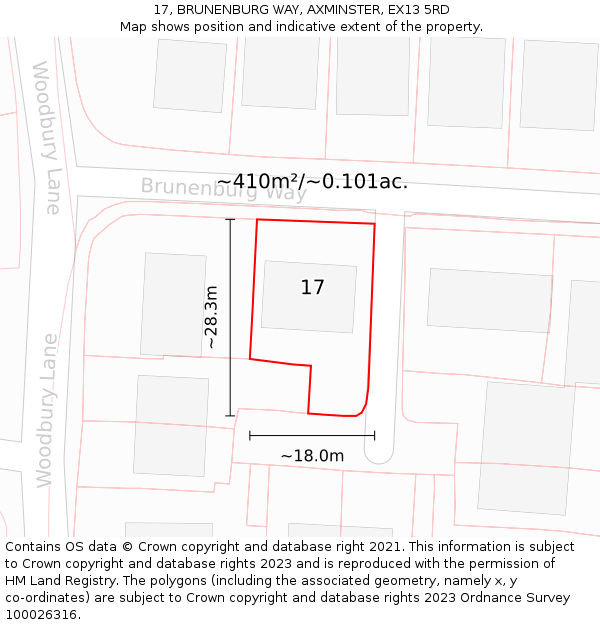 17, BRUNENBURG WAY, AXMINSTER, EX13 5RD: Plot and title map