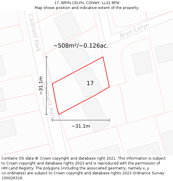 17, BRYN CELYN, CONWY, LL32 8PW: Plot and title map