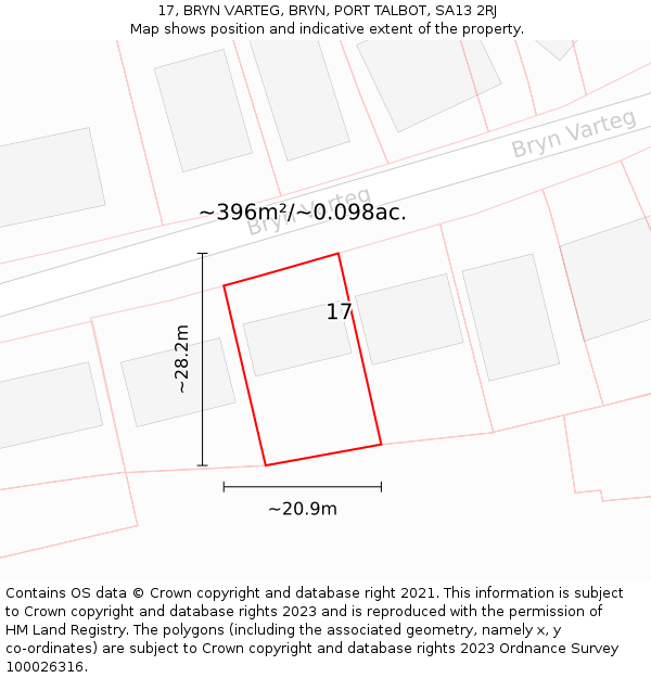 17, BRYN VARTEG, BRYN, PORT TALBOT, SA13 2RJ: Plot and title map