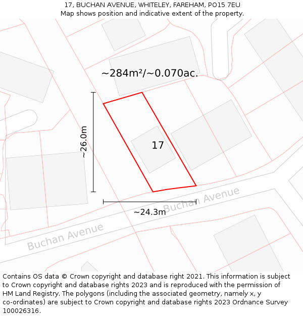 17, BUCHAN AVENUE, WHITELEY, FAREHAM, PO15 7EU: Plot and title map