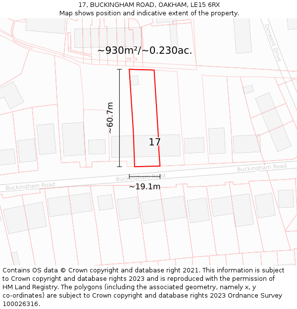 17, BUCKINGHAM ROAD, OAKHAM, LE15 6RX: Plot and title map