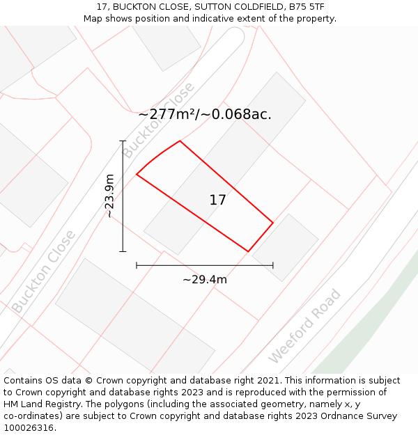 17, BUCKTON CLOSE, SUTTON COLDFIELD, B75 5TF: Plot and title map
