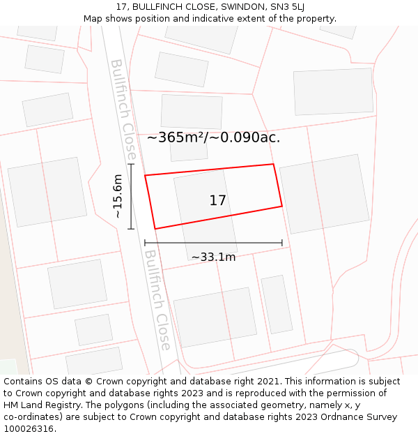 17, BULLFINCH CLOSE, SWINDON, SN3 5LJ: Plot and title map