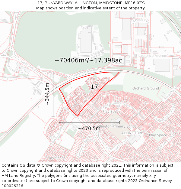 17, BUNYARD WAY, ALLINGTON, MAIDSTONE, ME16 0ZS: Plot and title map
