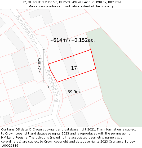 17, BURGHFIELD DRIVE, BUCKSHAW VILLAGE, CHORLEY, PR7 7FN: Plot and title map