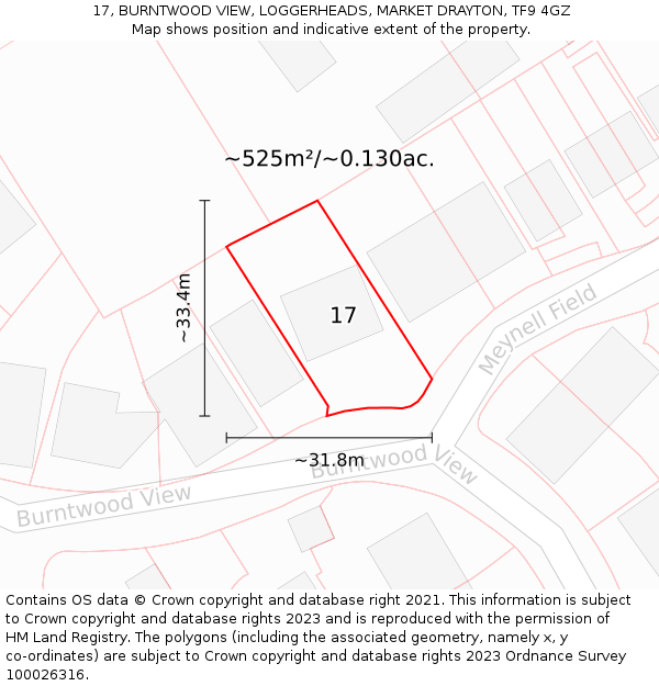 17, BURNTWOOD VIEW, LOGGERHEADS, MARKET DRAYTON, TF9 4GZ: Plot and title map