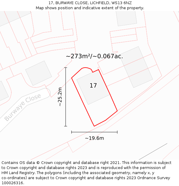 17, BURWAYE CLOSE, LICHFIELD, WS13 6NZ: Plot and title map