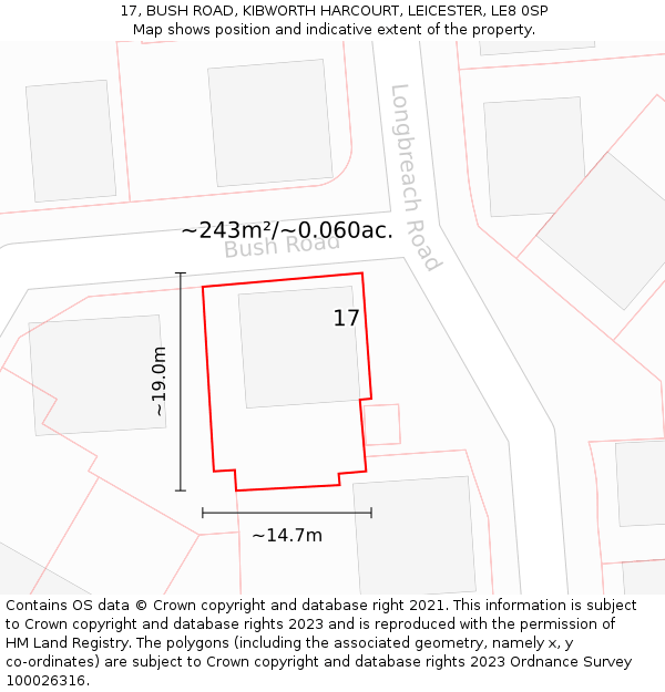 17, BUSH ROAD, KIBWORTH HARCOURT, LEICESTER, LE8 0SP: Plot and title map