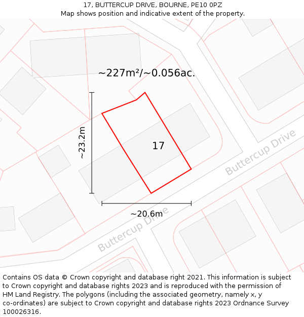 17, BUTTERCUP DRIVE, BOURNE, PE10 0PZ: Plot and title map